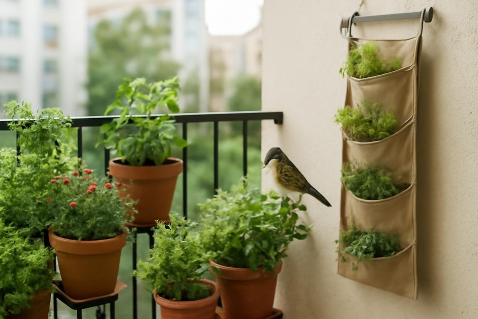 Small balcony with potted plants, a hanging pocket planter and a perched bird