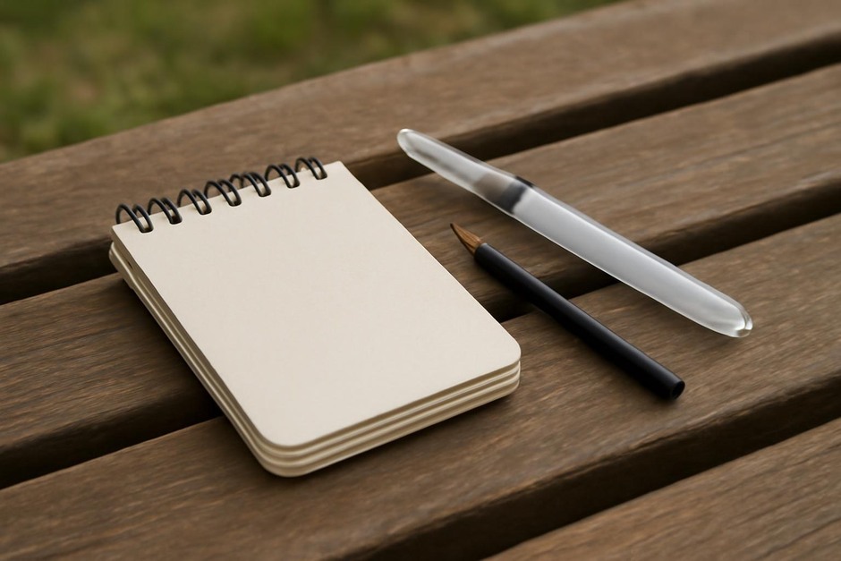 Small sketchbook, pencil, and water brush resting on a wooden bench outdoors