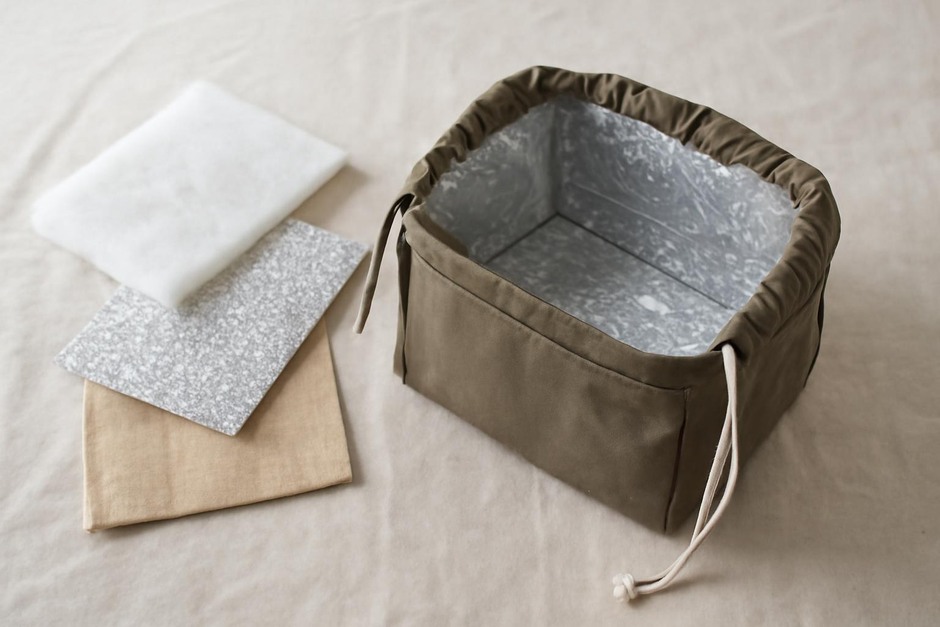 Handmade insulated food carrier lying open showing insulated liner and drawstring closure