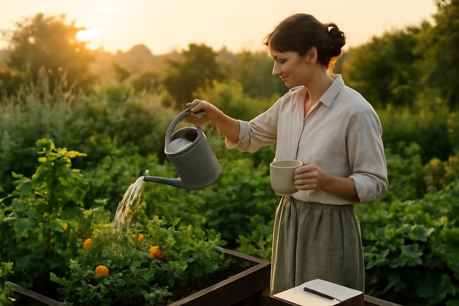 Person watering a small garden at sunrise with a cup of tea and a notebook