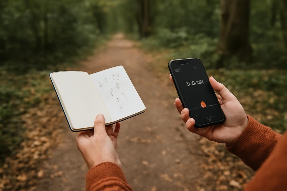 Person holding a small notebook and smartphone on a woodland path