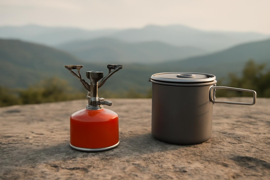 Small camping stove beside a lightweight pot on a day-hike plateau