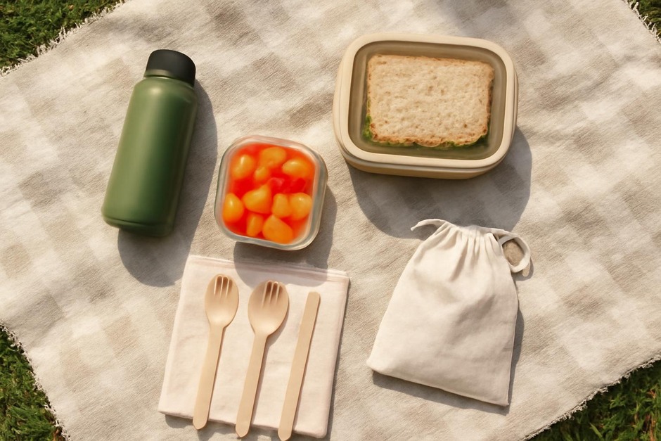 Compact picnic kit laid out on a blanket with reusable containers and utensils