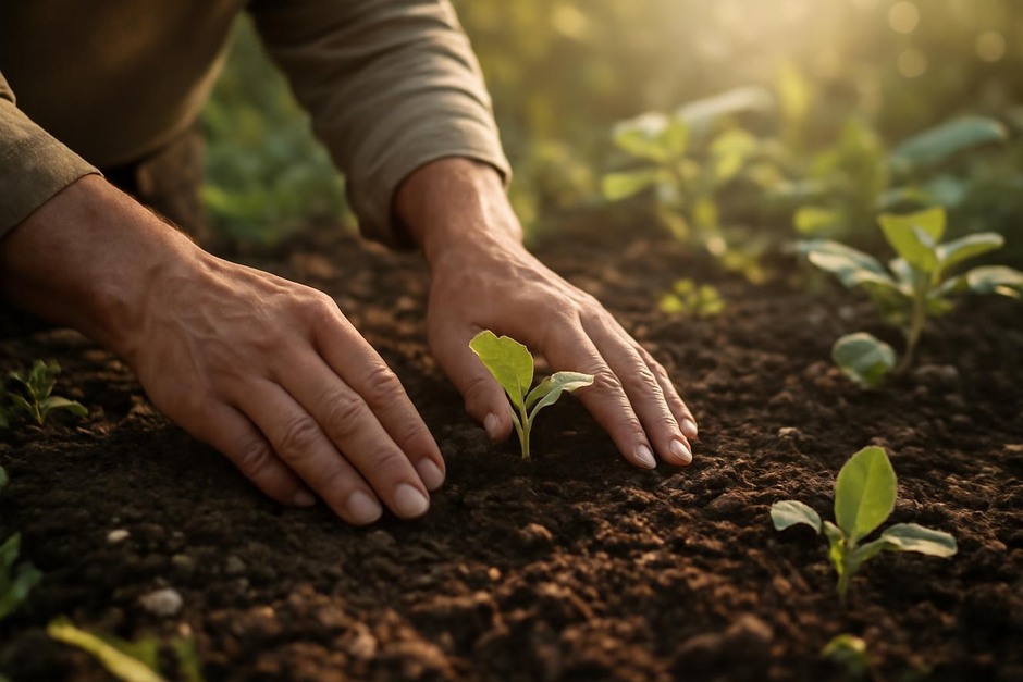 Hands touching garden soil with young plants and morning light