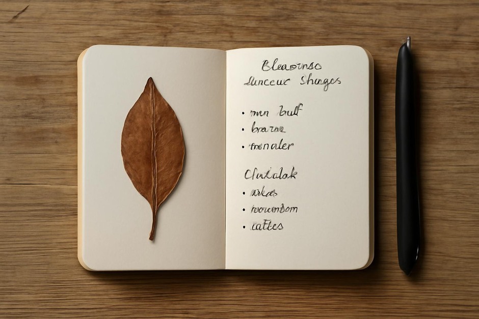 Open pocket notebook beside a pen and pressed leaf on a wooden table