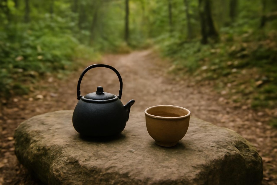A small kettle and cup resting on a rock during a woodland walk