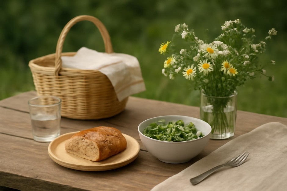Wooden table with a simple picnic set and wildflowers