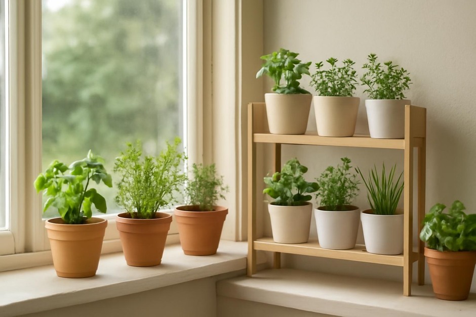 Windowsill herb garden with small pots and a tiered shelf